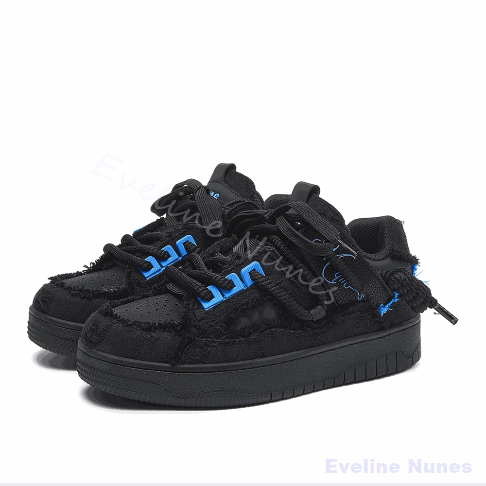 Embroidery Stitches - Black Frayed Raw Edge Platform Skate