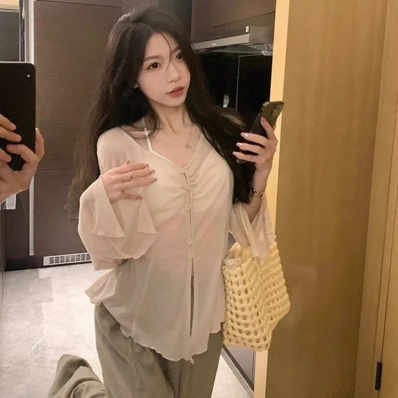 Embroidery Fashion - Sheer Flare Sleeve Blouse - Y2K