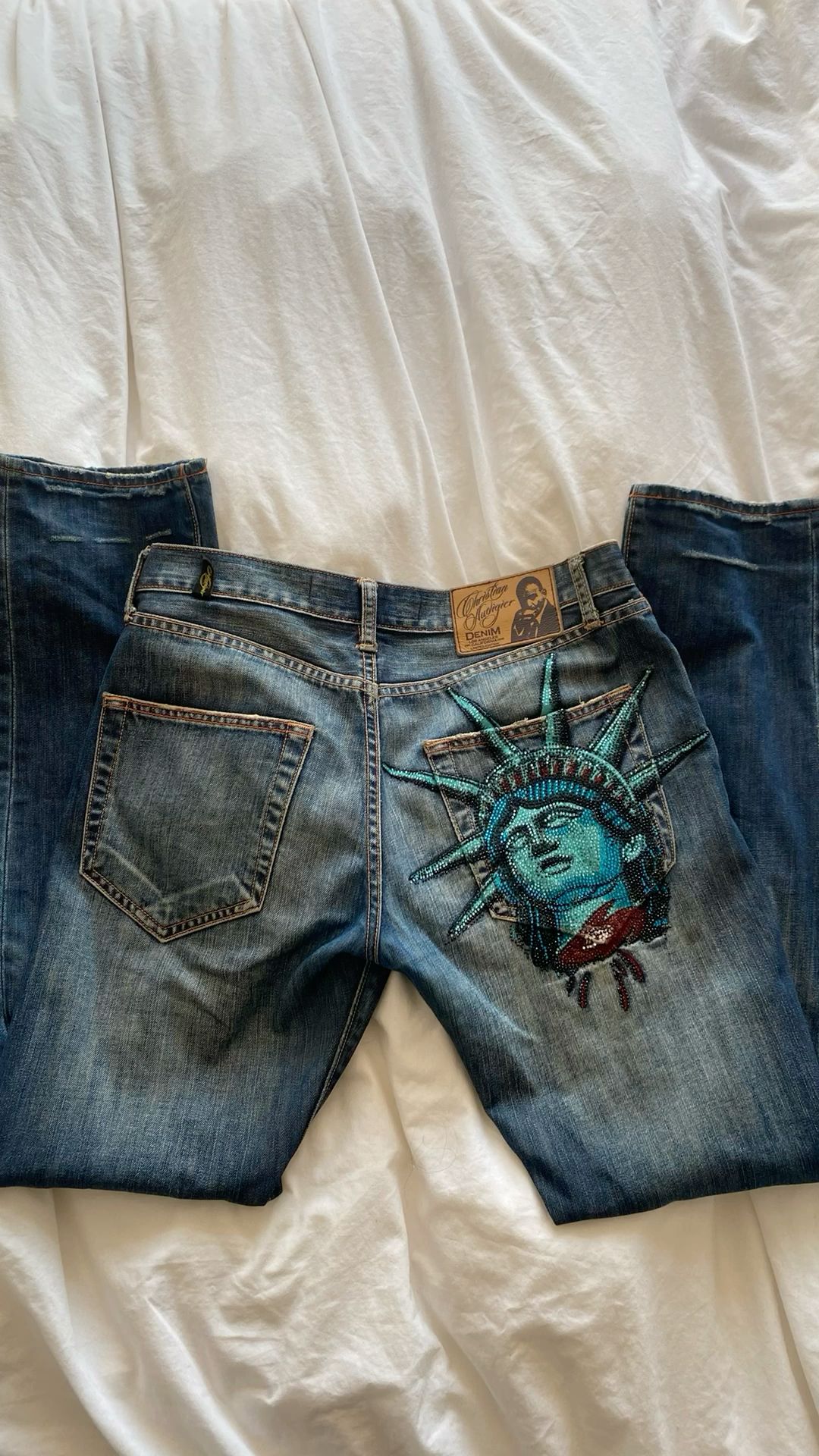 Y2k 2000s Statue of Liberty Di - Embroidery Jeans Sakura ulasan dan harga