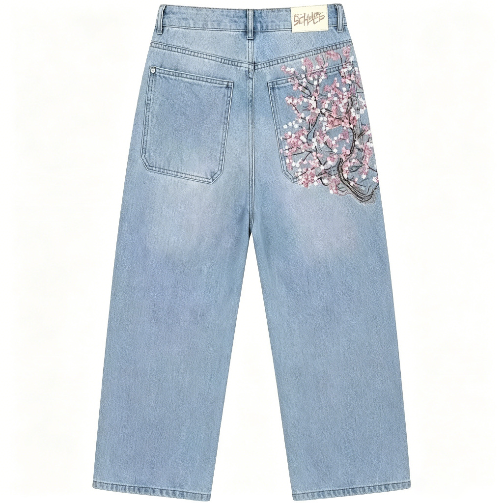 High Waist Loose Straight Leg  - Embroidery Jeans Sakura ulasan dan harga