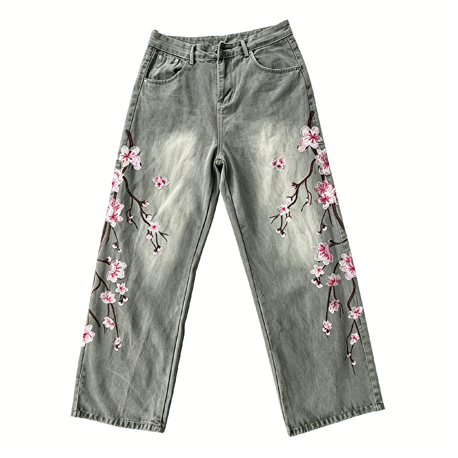 High Waist Loose Straight Leg  - Embroidery Jeans Sakura ulasan dan harga