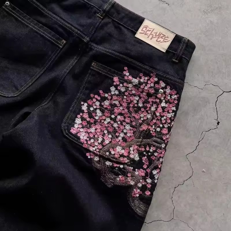 Y2K Mens Womens Harajuku Hip H - Embroidery Jeans Sakura ulasan dan harga