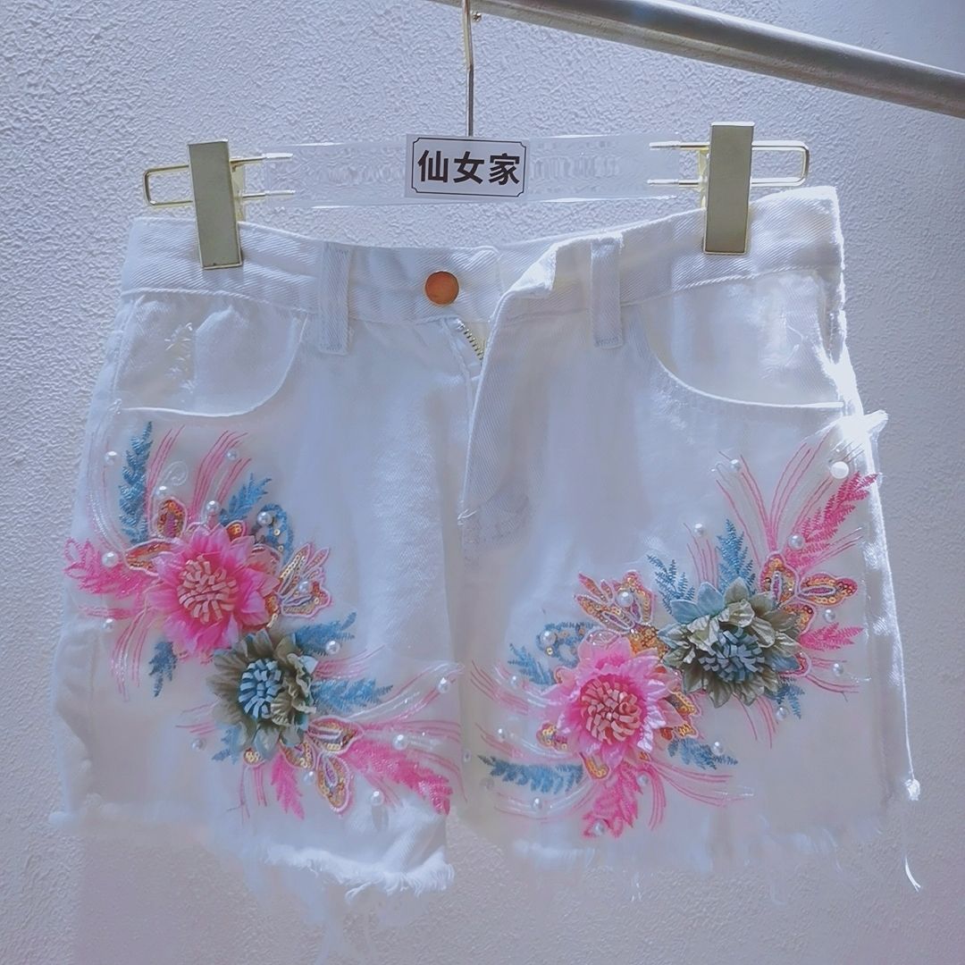 Korean Fashion Women Summer De - Embroidery Jeans Sakura ulasan dan harga
