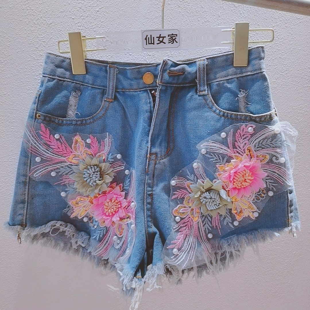 Korean Fashion Women Summer De - Embroidery Jeans Sakura ulasan dan harga