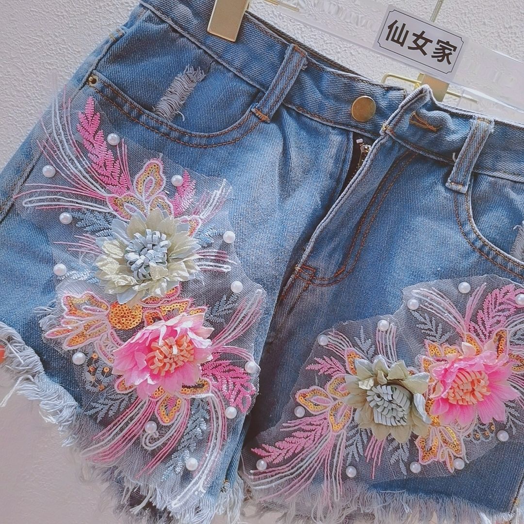 Korean Fashion Women Summer De - Embroidery Jeans Sakura ulasan dan harga