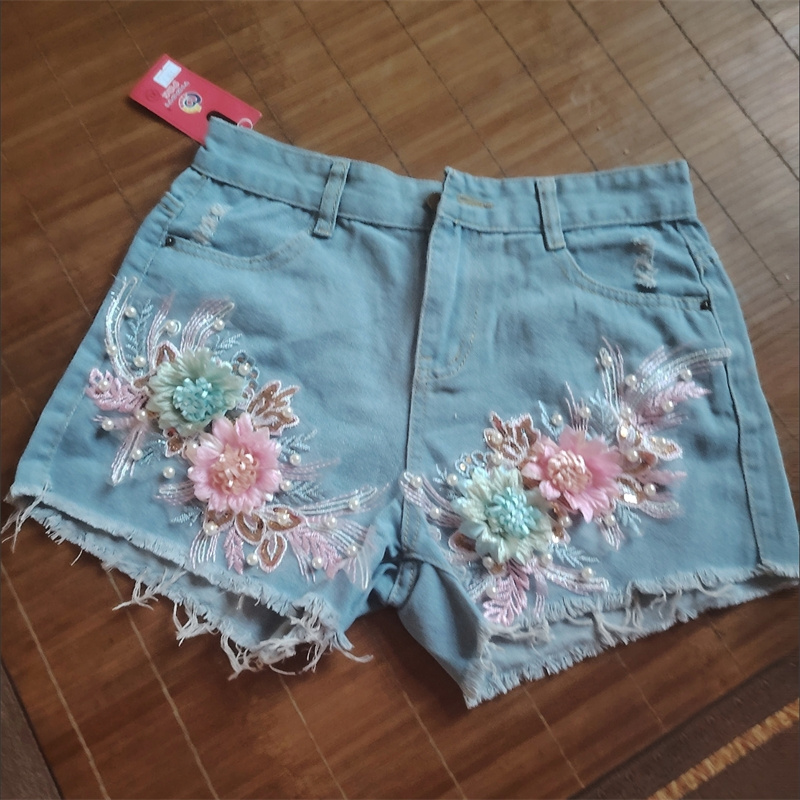 Korean Fashion Women Summer De - Embroidery Jeans Sakura ulasan dan harga