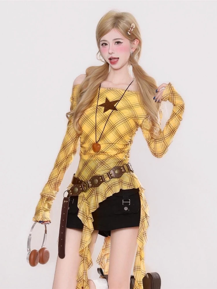 Y2K Plaid Slash Neck Vintage T - Embroidery Fashion ulasan dan harga