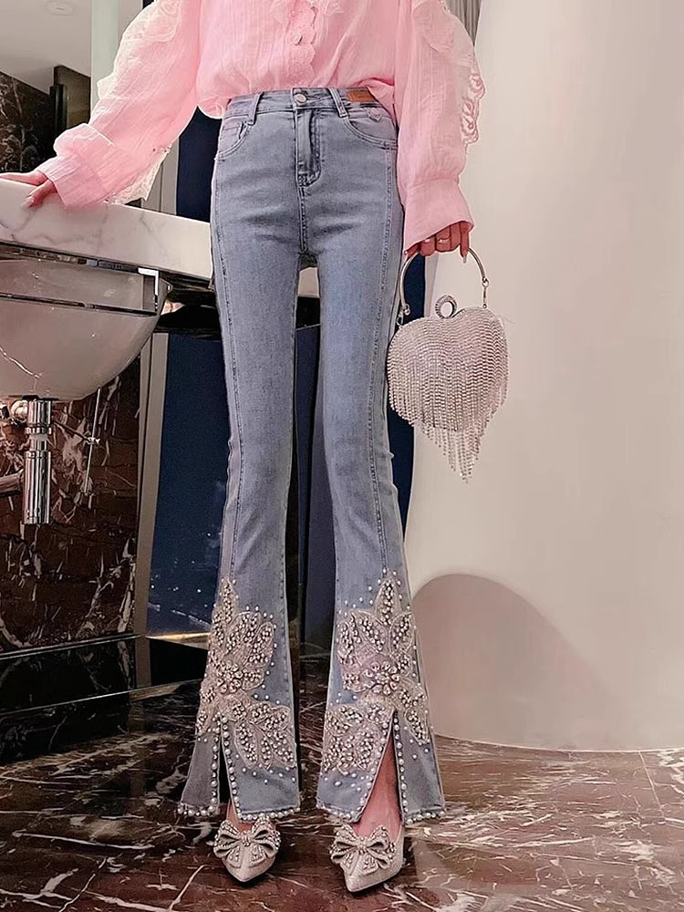Women High Waist Jeans Floral  - Embroidery Jeans Sakura ulasan dan harga