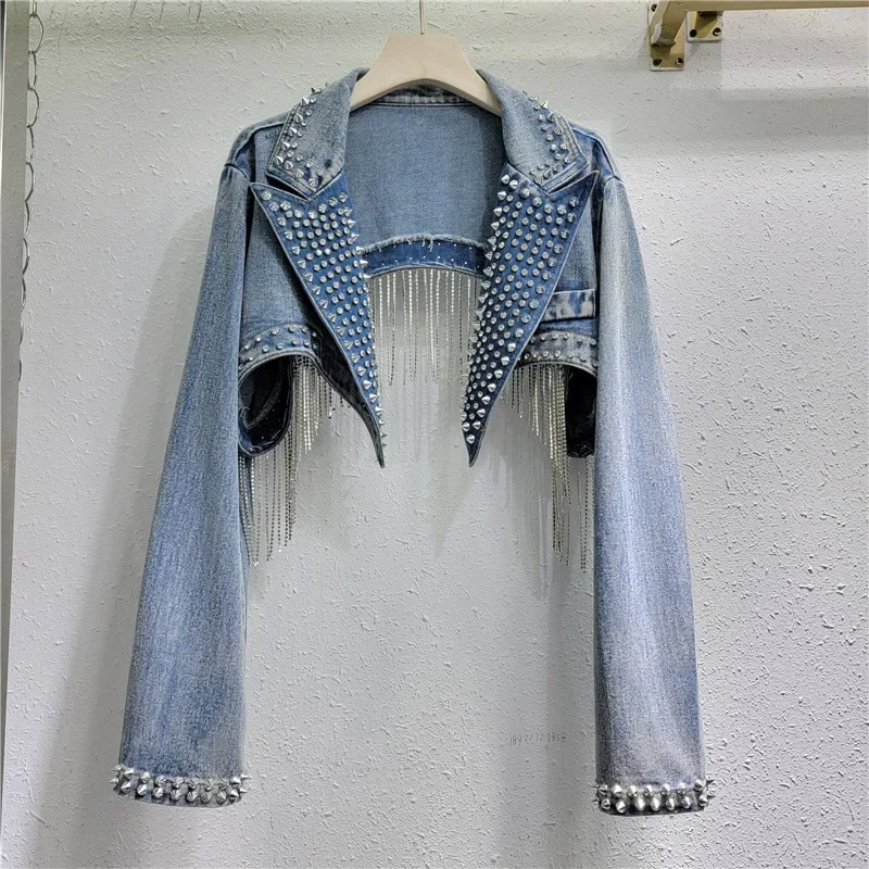 Rhinestone Beaded Tassels Rive - Embroidery Jeans Sakura ulasan dan harga