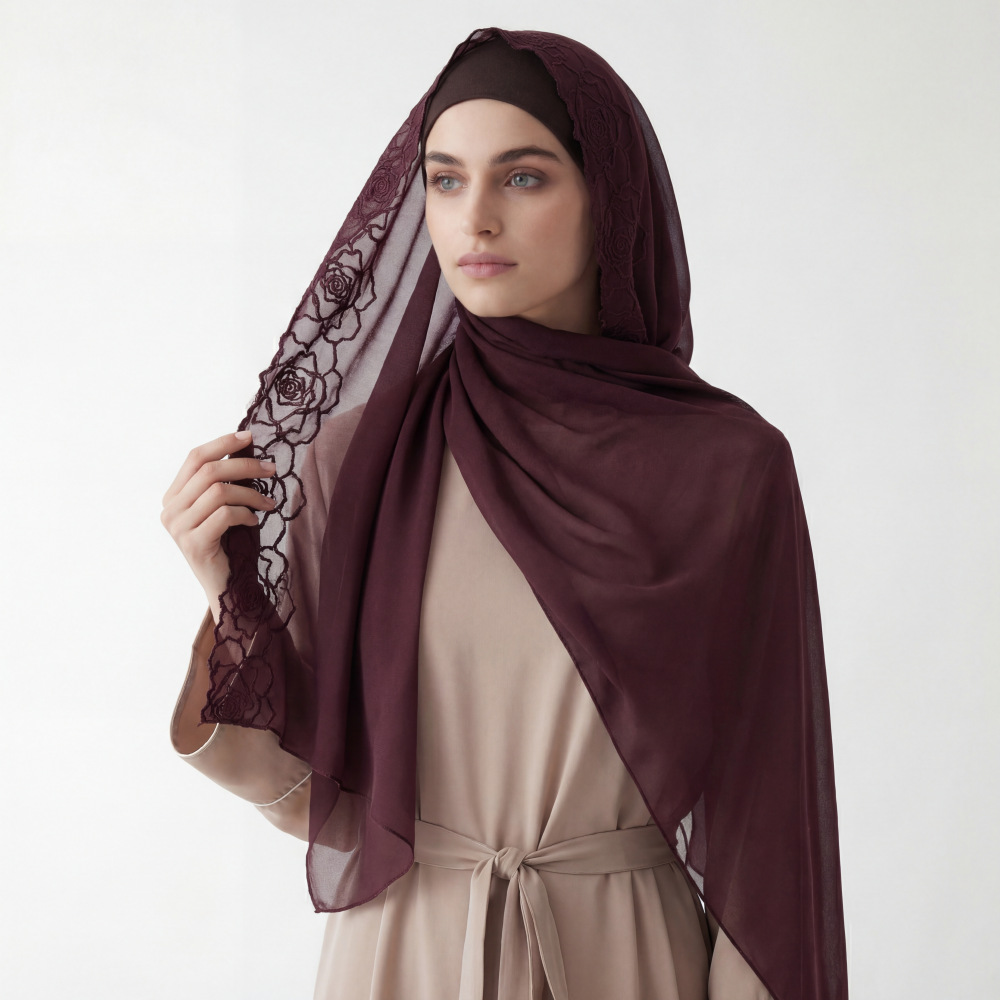 Purple Chiffon Hijab Shawls Wo - Embroidery Hijab ulasan dan harga
